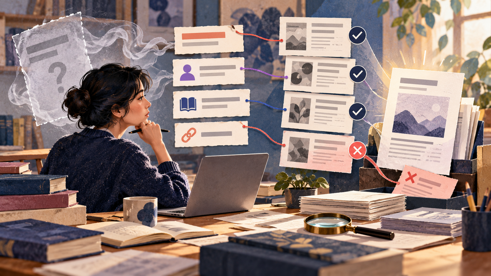 A researcher matches title, author, journal, and DOI clues to locate a missing paper.