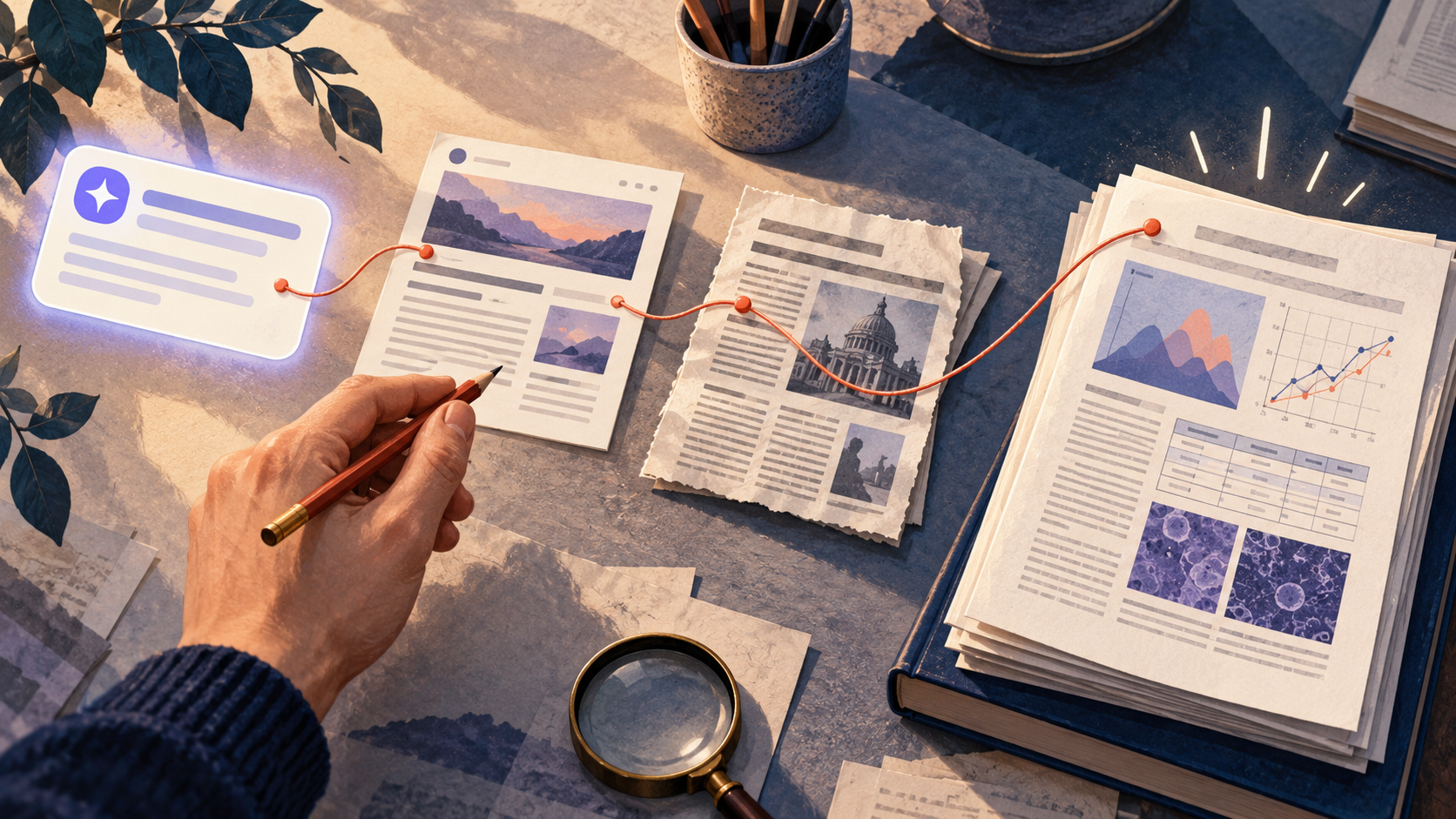 An evidence trail connects an AI answer through secondary pages to an original research paper.