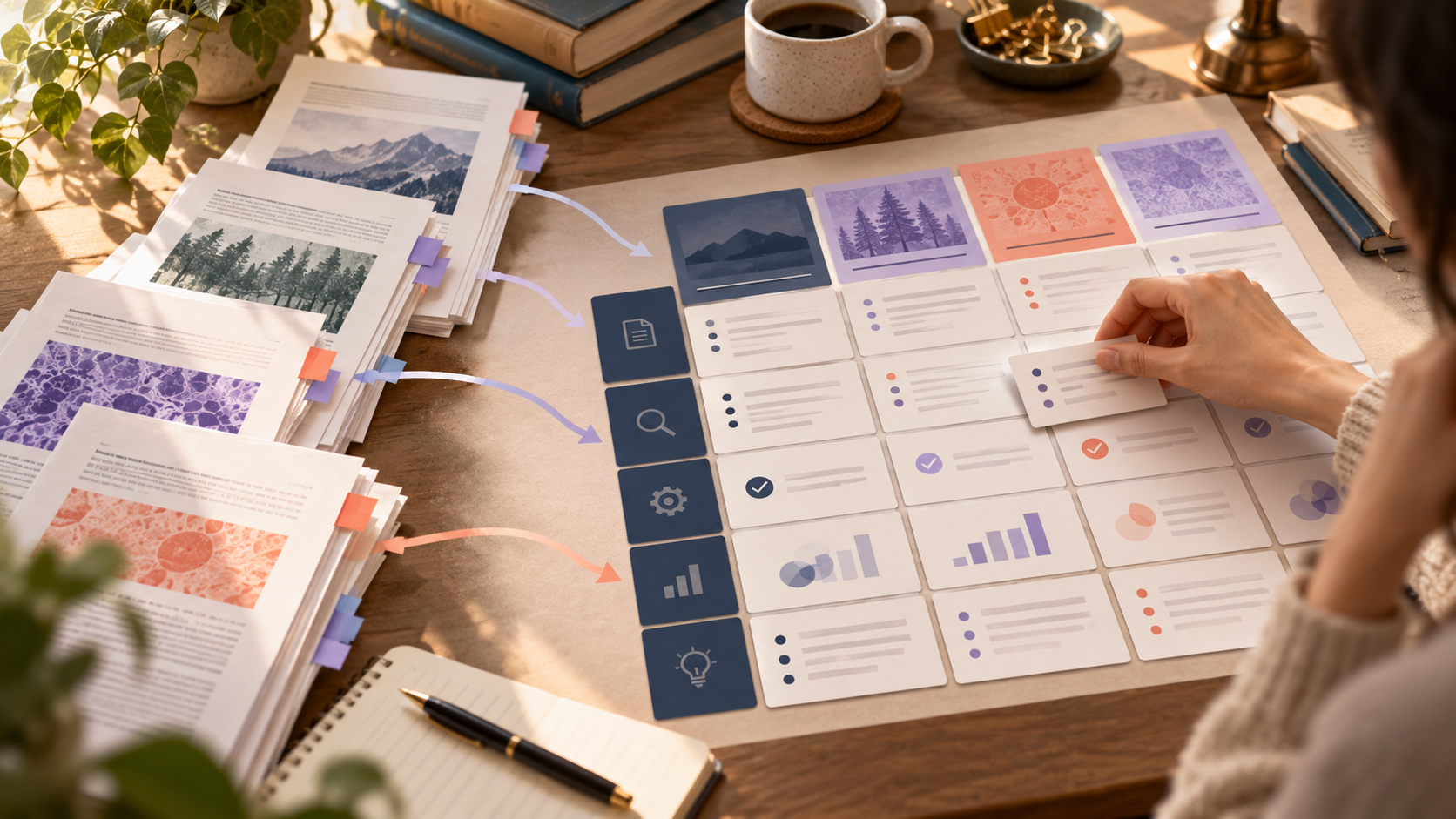 Research papers being organized into a structured evidence comparison table.