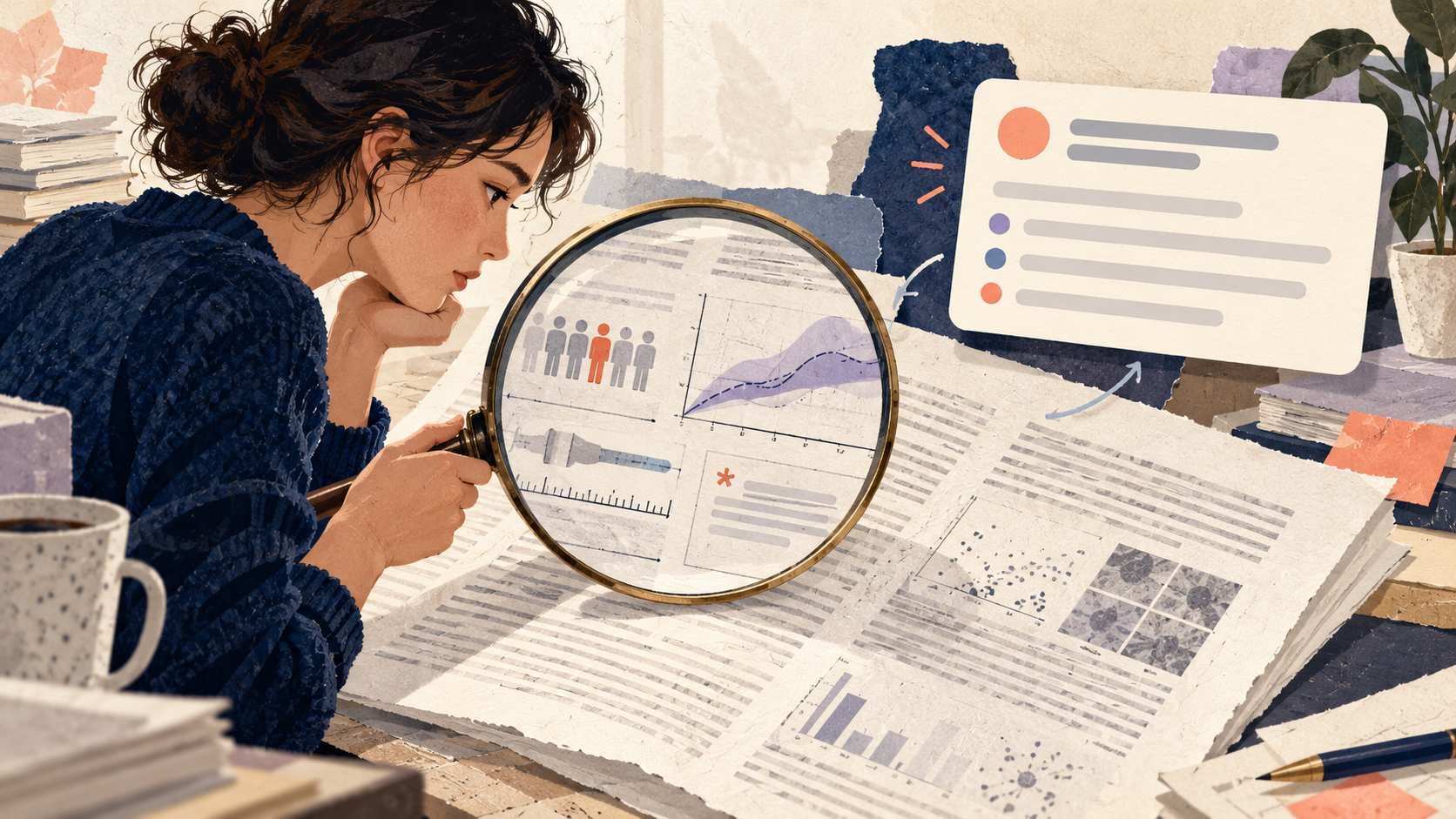 A researcher uses a magnifying glass to uncover details missing from an AI paper summary.